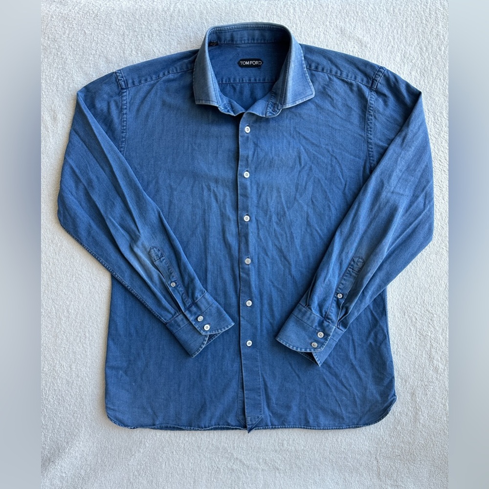 Tom Ford Blue Lightweight Denim Button Front Shirt Large